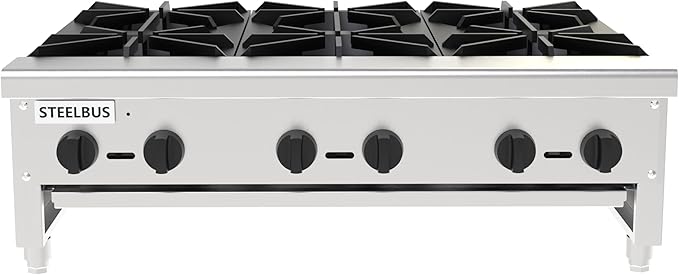 6 Burner Commercial Stock Pot Range, Heavy Duty Countertop Gas Stove, 168000 BTU, Stainless Steel Body with Cast Iron Burners, Natural Gas/Propane, 3/4" NPT
