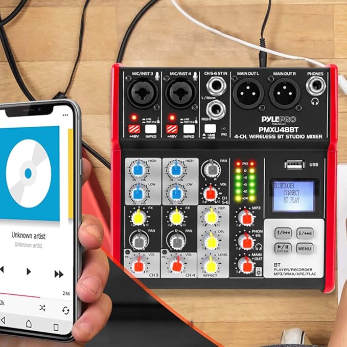 PYLE Studio Audio Sound Mixer Board - 4 Channel Bluetooth Compatible Professional Portable Digital DJ Mixing Console with USB Mixer Audio Interface - Mixing Boards For Studio Recording - PMXU48BT