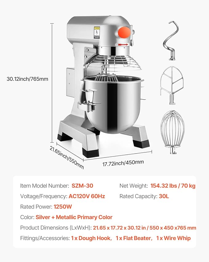Happybuy 30Qt Commercial Food Mixer with Timing Function， Commercial Mixer 1250W Stainless Steel Bowl Heavy Duty Electric Food Mixer Commercial with 3 Speeds Adjustable, Perfect for Bakery Pizzeria