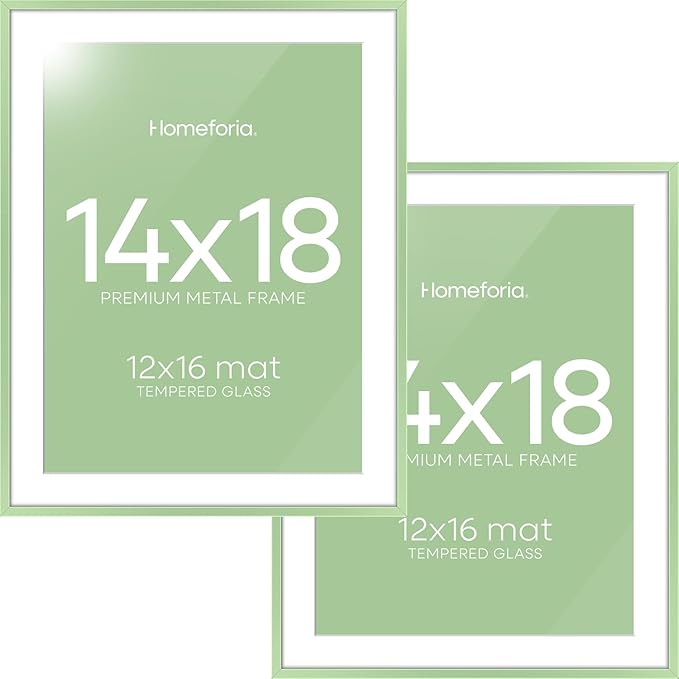 Homeforia 14x18 Picture Frame Sage Green, High End Metal 14x18 Poster Frames with Mat 12x16 Photo, 14 x 18 Sage Green Frame Matted to 12 by 16 Art, 18x14 Thin Frame, Tempered Glass, Wall Kit, Set of 2