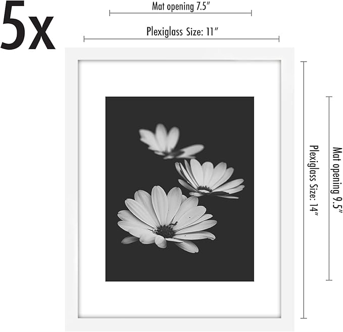 Americanflat 11x14 Picture Frame with Polished Plexiglass - Set of 5 - Use as 8x10 Frame with Mat or Display 11x14 Photo Without Mat - Galleria Collection - Picture Frames for Wall Display - White
