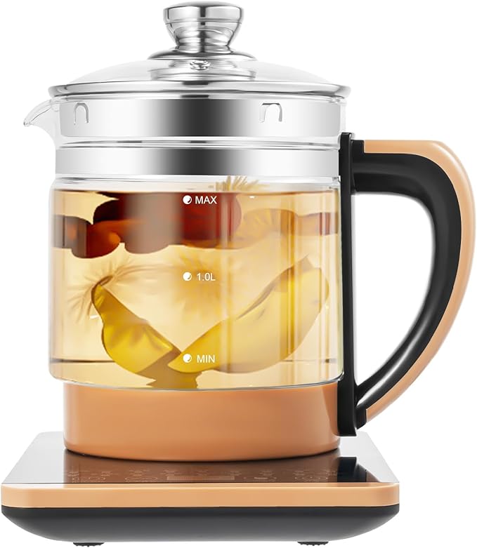 Electric Kettle, 1.8L/0.4Gal Health Pot Electric Tea Kettle with Glass Kettles and Steamed Eggs Holder Smart Fruit Hot Tea Maker with Teas Infuser 18 Cooking Menus Glass Touch Panel