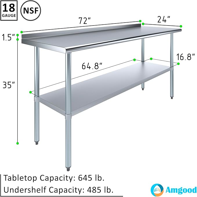 AmGood Stainless Steel Work Table with 1.5" Backsplash | Metal Kitchen Food Prep Table | NSF (72" Long x 24" Deep)