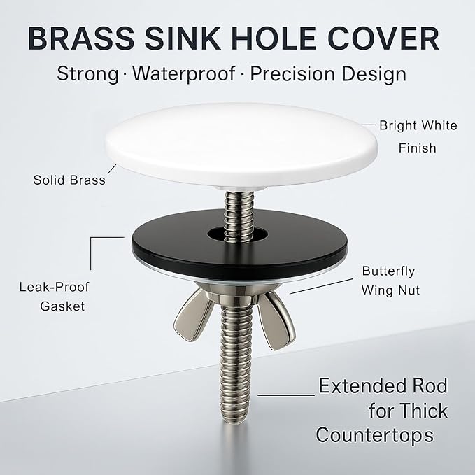2 Pcs Solid Brass Kitchen Sink Hole Cover, 2 Inch Faucet Hole Cover, Bright White Finish Tap Hole Plate Stopper Cover, Countertop Hole Cover for Kitchen and Bathroom Sinks (Bright White)