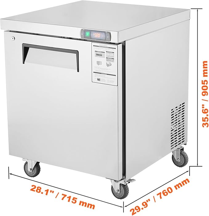 VEVOR 28" W Commercial Freezer Worktop, 7.4 Cu. Ft Undercounter Freezers with/Casters, <0~-8℉>Defrost Frozen Prep Table, Single Door Stainless Steel Food Frozen Prep Station for Restaurant, Diner