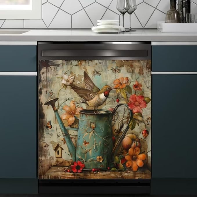 Floral Watering Can Birds Spring Dishwasher Magnet Cover,23" x 26" Dishwasher Cover,Retro Country Butterfly Magnetic Decal Vinyl Sticker Kitchen Decor Refrigerator Magnets Self Adhesive Wrap