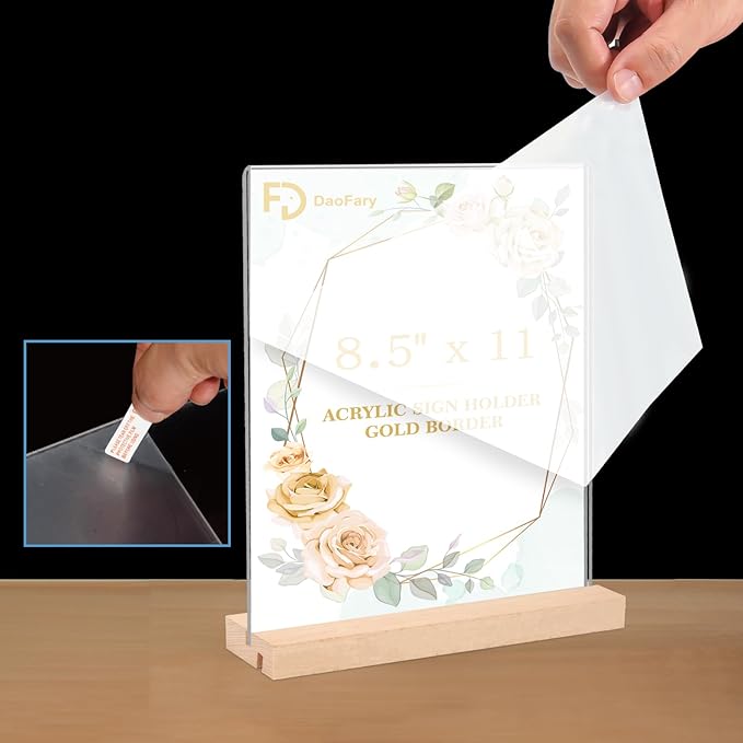 12 Pack Acrylic Sign Holder 8.5 x 11, L/T Shape Double Sided wood Picture Frame Stand up Table Top Sign Holders, Clear Display Stand Menu Flyer Holder for Wedding Party (Provide Non slip Mats)