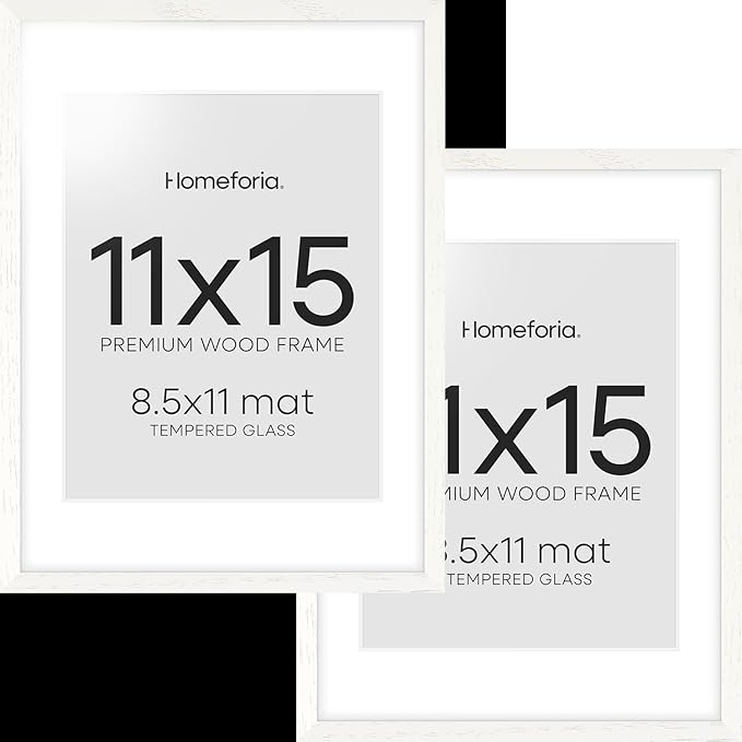 Homeforia White Frame 11x15 Wood, High End Oak 11x15 Picture Frames with Mat 8.5x11, 11 x 15 White Wooden Poster Frames Matted to 8.5 x 11 inch Photo, 15by11 Frames, Tempered Glass, Wall Kit, Set of 2
