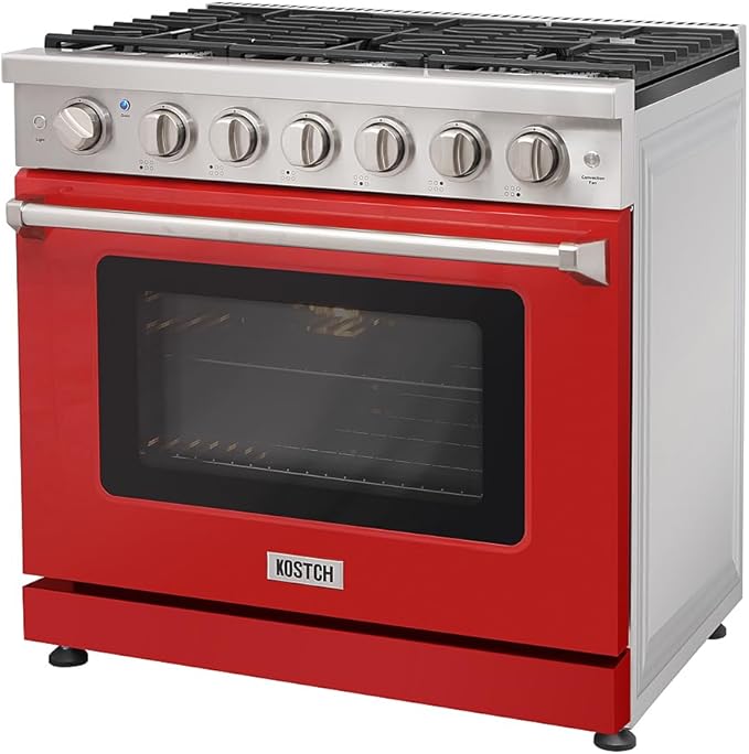 KOSTCH 36 inch Professional Freestanding Pro-Style Natural Gas Range or Liquid Propane Gas Range with 6 Burners, 6.0 cu.ft. Oven Capacity, in Stainless Steel - KOS-36RG03M (Red)