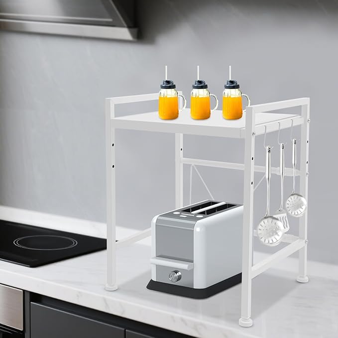 2 Tier Microwave Oven Rack, Adjustable Shelf with 3 Hooks, Microwave Stand with Storage, Toaster Shelf Heavy Duty Stand Kitchen Counter Top Organizer for Kitchen (white)