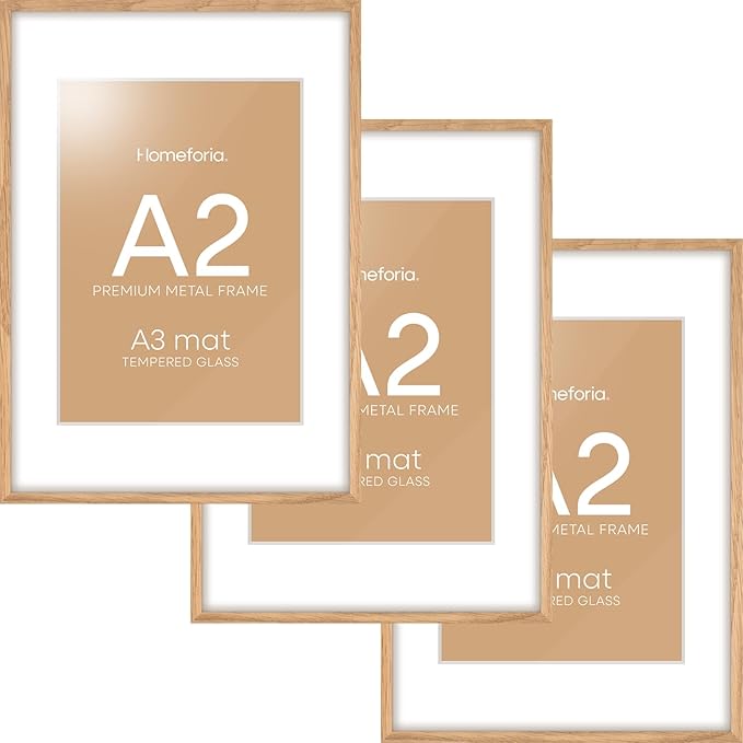 Homeforia A2 Picture Frame Natural Wood, High End Oak 16.5 x 23.4 Wooden Poster Frames Matted to 11.7 by 16.5 Photo, A2 Size Light Wood Frames with Mat A3 for Print, Tempered Glass, Wall Kit, Set of 3
