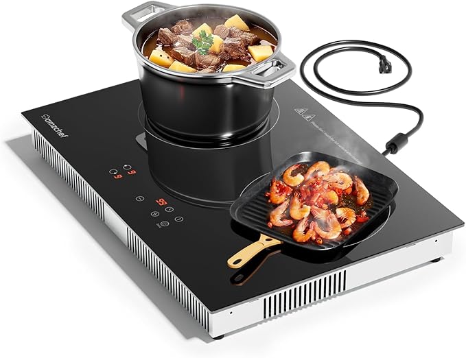 AMZCHEF Induction Cooktop 2 Burners 1800W, Built-in & Countertop Electric Cooktop with 9 Power Levels, 110V-120V Double Induction Stove with Plug, 99-min Timer, Safety Lock, Ceramic Glass
