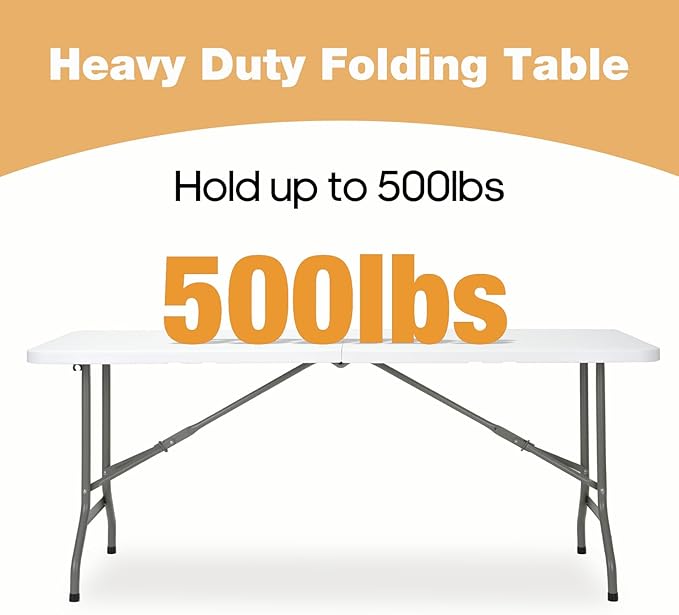 Folding Table 6ft, Heavy-Duty 500lbs Weight Capacity Foldable Table with HDPE Top & Steel Legs, Portable 6 Foot Picnic Table for Indoor Outdoor Parties, Camping, Event