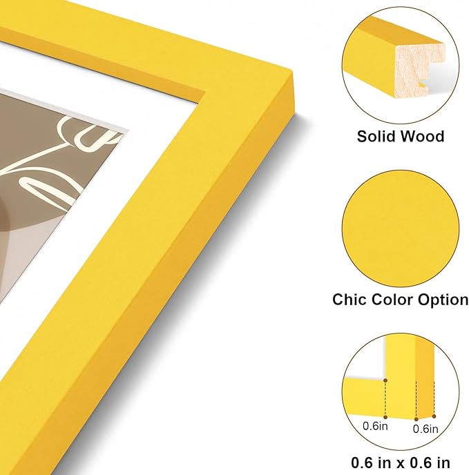 Vittanly 11x14 Picture Frame, Solid Wood Frame with Plexiglass, Includes 8x10 Mat, Wall Hanging for Photos, Home Decor, Yellow, 1 Pack