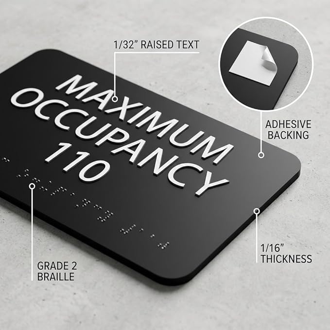 ALPHA DOG ADA SIGNS Custom Maximum Occupancy Sign 4x8 Inch - Personalized Room Capacity Limit Sign with Grade 2 Braille - ADA Compliant Business Signage - Made in USA - Black