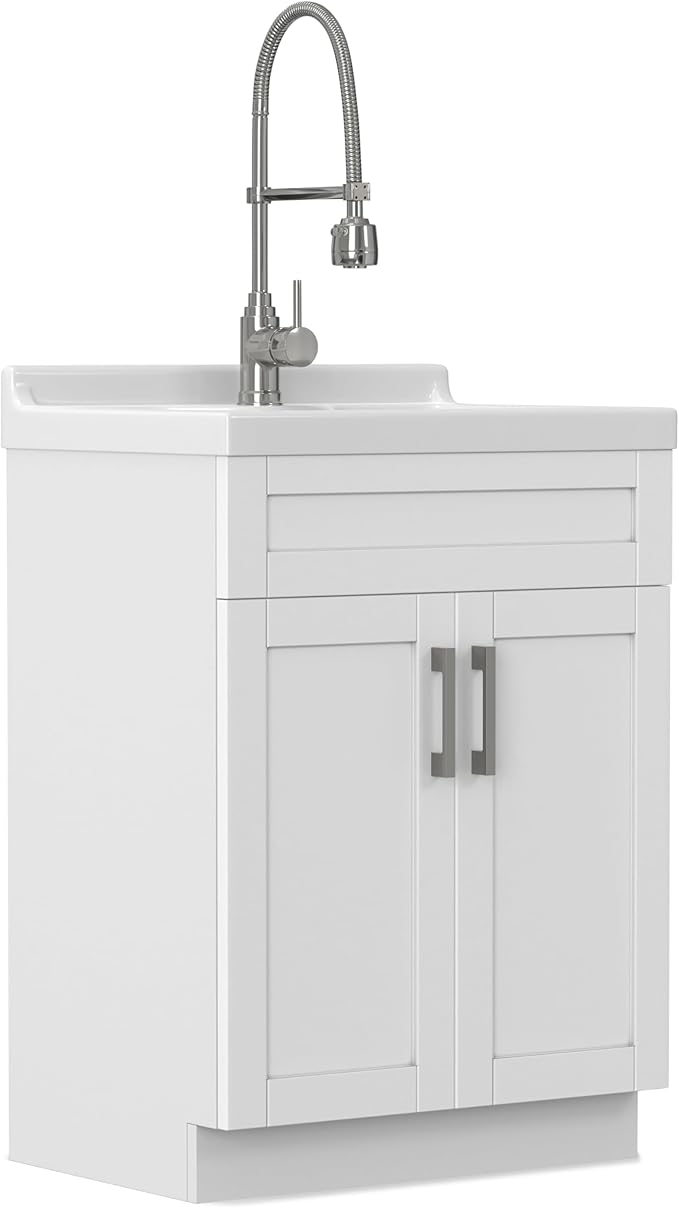 SIMPLIHOME Hennessy All-in-One 24 inch Wide Utility Sink and Laundry Cabinet in Pure White Finish, Transitional ABS Sink Cabinet for Laundry Rooms with High-Arch Chrome Faucet and Pull-Out Spray