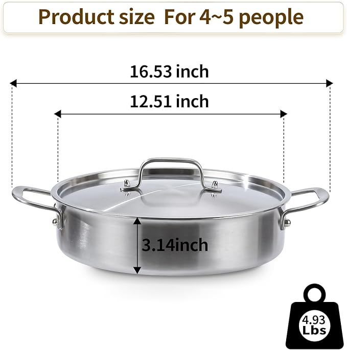 DELARLO Tri-Ply Stainless Steel 5 Quart Braiser Pan with Lid Induction Rondeau Pot With Lid 12inch Deep Frying Pan Large Saute Pan Heavy Duty Style Compatible With All Cooktops Up to 650℉