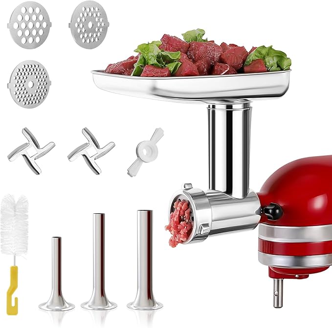 Stainless Steel Food Grinder Attachment for KitchenAid Mixers, Heavy-Duty Metal Meat Grinder with 3 Sausage Stuffers & Grinding Plates, Dishwasher Safe Accessories by Rafbar