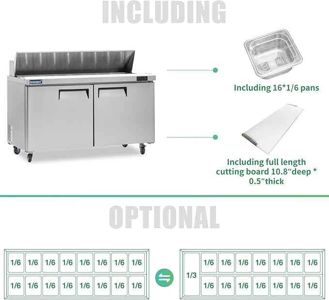 ICECASA 60" W Commercial Refrigerator Sandwich&Salad Prep Table single Door Stainless Steel Counter Fan Cooling Refrigerator with 16 pans-60 Inches for Restaurant, Bar, Shop, etc