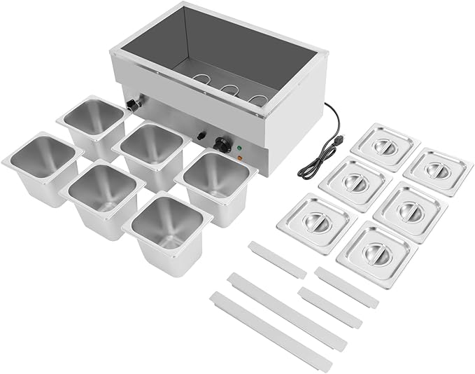 6 Pan Commercial Food Warmer,110V 1500W Electric Stainless Steel Steam Food Warmer with Lid,Electric Bain Marie Countertop with Temperature Control for Catering,Restaurant,Party (6-Pan)