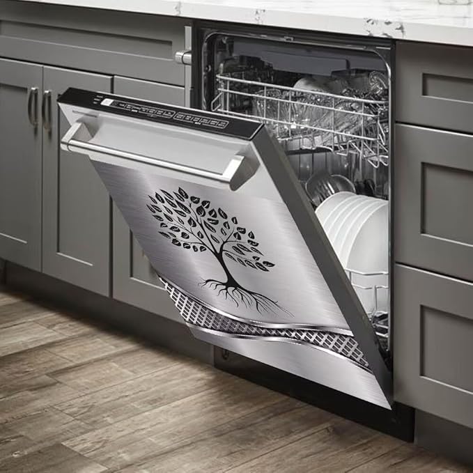 Imitation Stainless Steel Design Tree Pattern Magnetic Dishwasher Cover Sticker,Kitchen Decor Magnet Cabinet Fridge Panel Decal Sticker 23W x 26H inchs