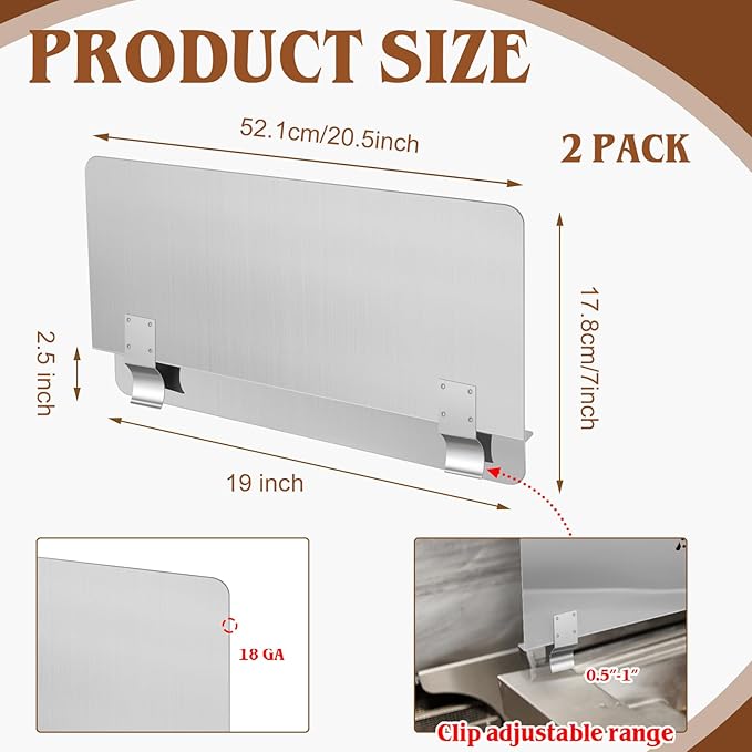 Ferraycle 2 Packs Stainless Steel Fryer Splash Guard Commercial Side Stove Splash Splatter Guard for Stop Oil from Splattering (20-1/2 W X 7.01'' H)