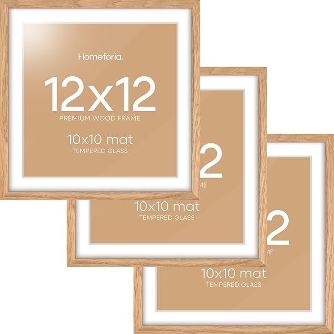 Homeforia 12x12 Light Wood Frame, High End Natural Oak 12 x 12 Square Picture Frames with Mat 10 by 10 inch Photo, 12by12 Wooden Poster Frames Matted to 10x10 Print, Tempered Glass, Wall Kit, Set of 3