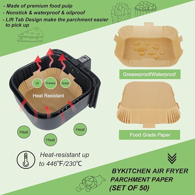 BYKITCHEN Square Air Fryer Paper Liner, 9 Inch Square Airfryer Disposable Liners, Air Fryer Accessories, Compatible with Corsori, Ninja, Gourmia and More(Set of 50)