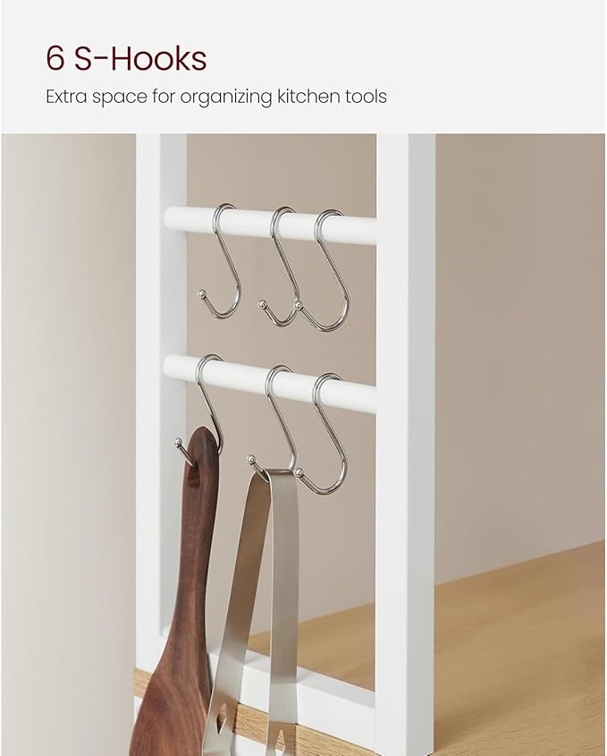 VASAGLE Coffee Bar, 23.6 Inches Baker's Rack for Kitchen with Storage, 6-Tier Kitchen Shelves with 6 Hooks, Microwave Stand, Modern, Golden Oak and Cloud White UKKS024W09