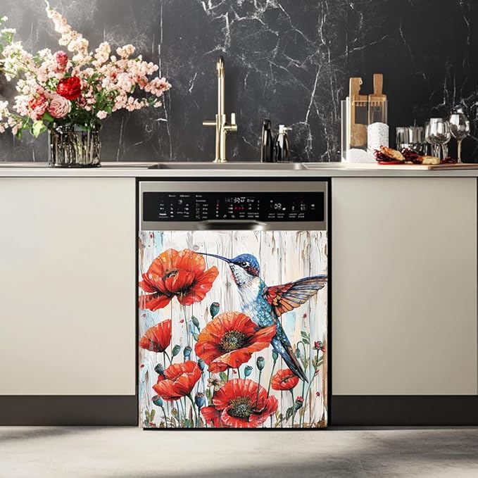 Beautiful Red Poppy Flowers Kitchen Decor Dishwasher Sticker Art Magnet Cover for Door Panels, Hummingbird Rustic Wood Grain Refrigerator Fridge Magnetic Decals for Home Appliance,23x26 in