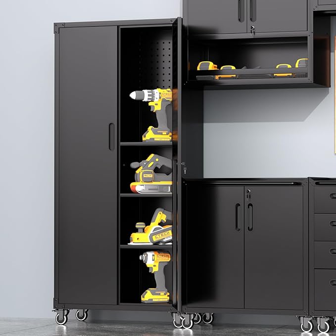 Tall Metal Storage Cabinet with Wheels Black Heavy Duty Large Metal Garage Cabinets with Adjustale Shelves Lockable Rolling Tool Cart for Warehouse Basement Kitchen, Assembly Required