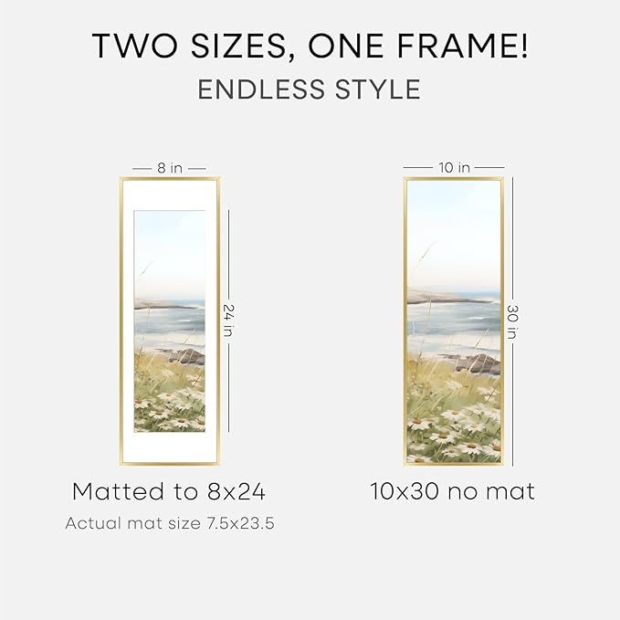 Homeforia 10x30 Picture Frame Gold, High End Metal 10x30 Poster Frames with Mat 8x24 inch Photo, 10 x 30 Gold Frames Matted to 8 by 24 Print, 30x10 Panoramic Frames, Tempered Glass, Wall Kit, Set of 1
