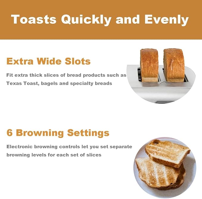 1800W Commercial Grade 4-Slice Pop Up Toaster -Stainless Steel 6-Browning Settings for Bread with Removable Crumb Tray for Bagel Bread English Muffins, Waffles (Commercial & Home Use)