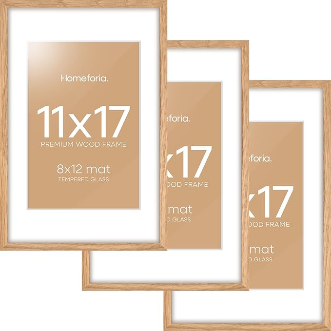 Homeforia 11x17 Wood Frame, High End Natural Oak 11x17 Light Wooden Picture Frame with Mat 8x12, 11 x 17 Poster Frames Matted to 8 by 12 Photo, 17x11 Hanging Frames, Tempered Glass, Wall Kit, Set of 3