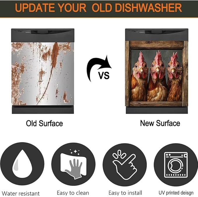 Country Rooster Dishwasher Magnet Cover, Farm Hen Dishwasher Cover for Kitchen Decoration, Chicken Magnetic Refrigerator Magnet Cover Funny Fridge Decal, 23"X26"
