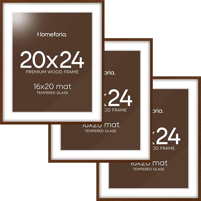 Homeforia 20x24 Picture Frame Brown, High End Dark Oak 20x24 Walnut Wooden Poster Frames with Mat 16x20, 20 x 24 Wood Frame Matted to 16 by 20, 24x20 Hanging Frames, Tempered Glass, Wall Kit, Set of 3