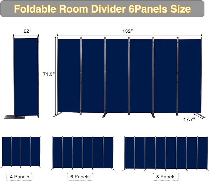 Room Divider, 6 Panel Folding Privacy Screens with Wider Support Feet, 6 Ft Portable Room Partition for Room Separator, 132" W X 71" H, Navy Blue
