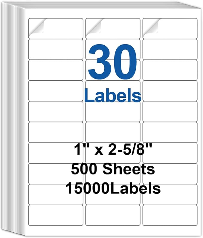 30 Up Labels 1" x 2-5/8" Shipping Address Labels for Laser/Inkjet Printers, 500 Sheets 15000 Pcs Self Adhesive 30 pet Sheet Return Address Mailing Label Stickers