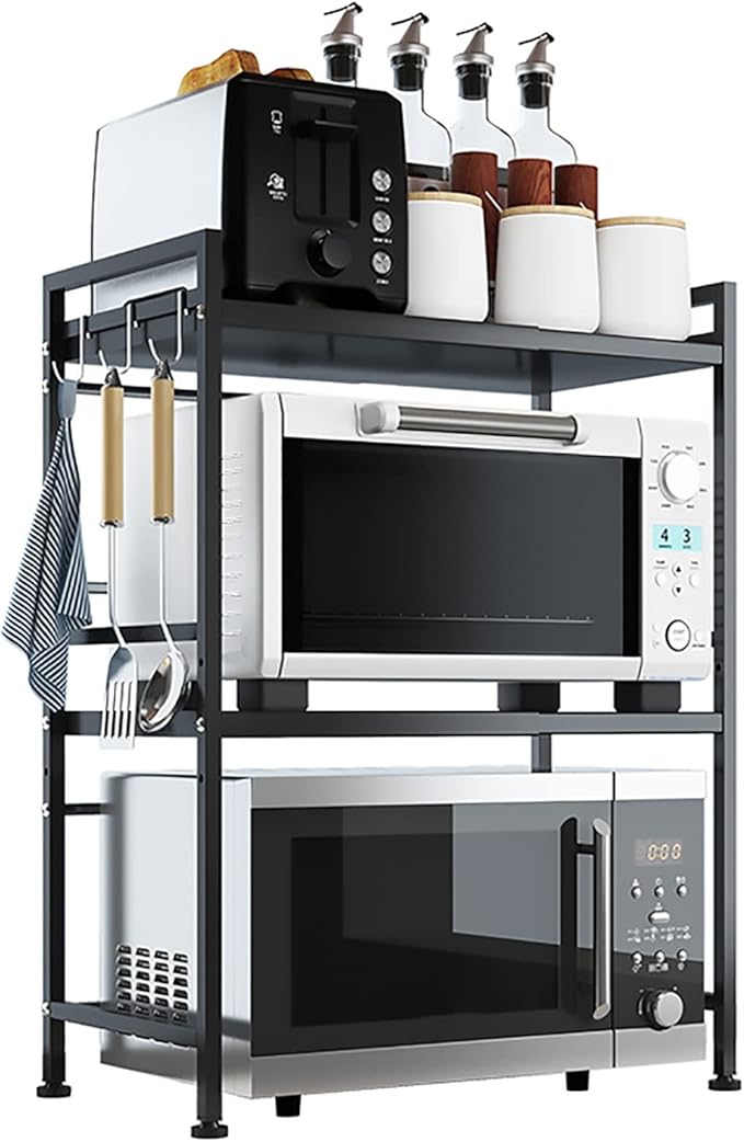 Microwave Storage Rack Microwave Oven Rack Kitchen Microwave Oven Rack Toaster Stand Kitchen Counter Shelf Expandable and Height Adjustable Steel Countertop Storage Shelf - Black/75Cm