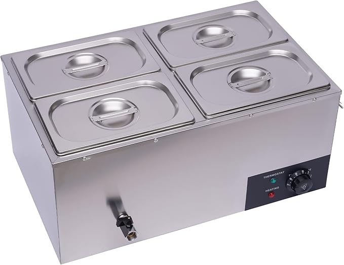 Electric Bain Marie Food Warmer, 600W 4-Pan Commercial Steam Table Food Warmer, 17Qt Portable Countertop Restaurant Buffet Steam Table 86-185℉ Temp Range for Parties, Caterings, Buffets