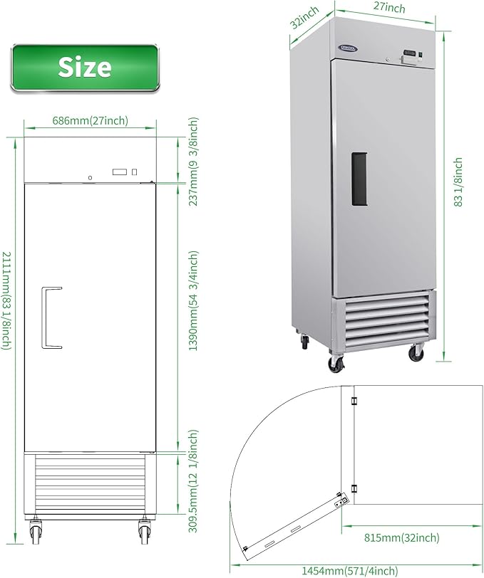 mikibama 27"W Commercial Refrigerator with Single Solid Door 23 Cu.ft Reach-In Refrigerators Stainless Steel ETL Approved Upright Fridge Storage for Restaurant,Temp Control 34℉~40℉, LED Light