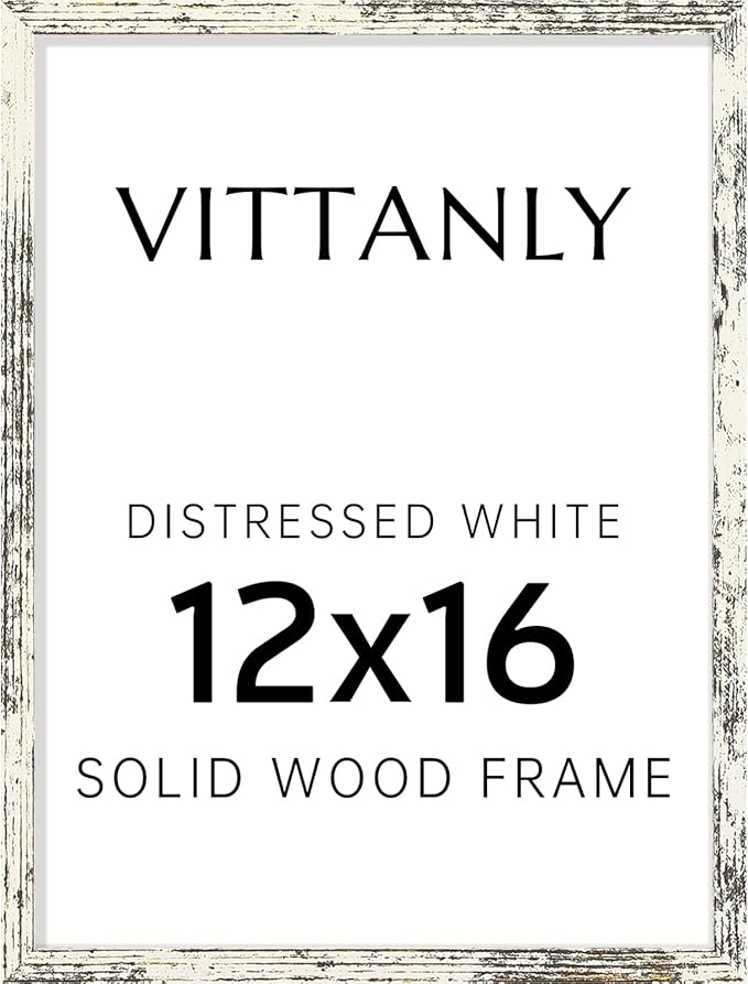 Vittanly 12x16 Picture Frame, Solid Wood Frame with Plexiglass, Includes 8.5x11 Mat, Wall Hanging for Photos, Home Decor, Distressed White, 1 Pack