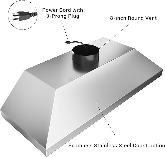 48-inch Range Hood Insert with Inline Remote Blower, CT Copper Tailor 1260CFM Kitchen Vent Hood, 4-Speed Exhaust Fan, 4 LED Lights, 8" Round Ducted,Baffle Filters, in Stainless Steel
