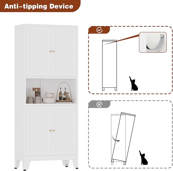 Metal Storage Cabinet, 69" Tall Bathroom Cabinets with 4 Doors & 3 Adjustable Shelves Large Cupboard, White Metal Pantry Cabinets for Kitchen, Home Office, Garage, Warehouse