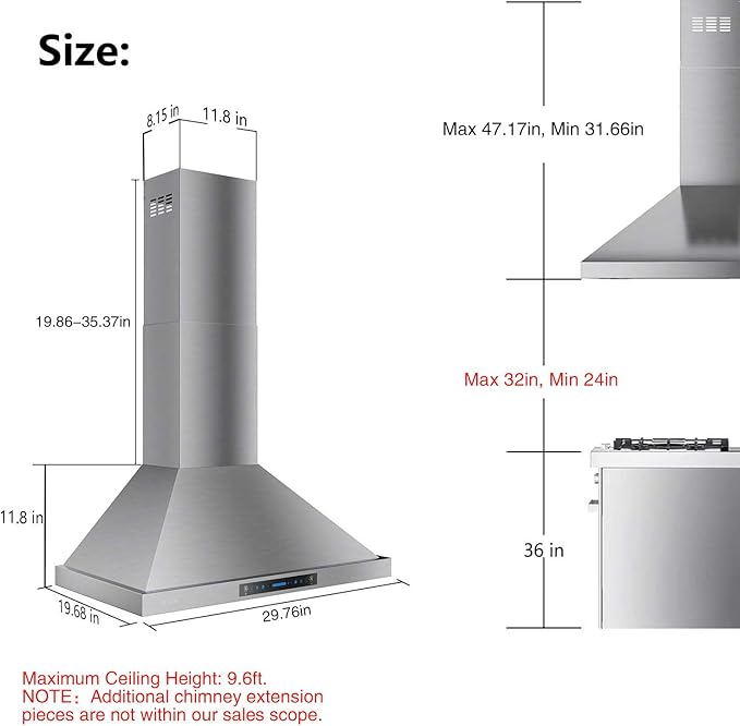 IKTCH 30 inch Black Wall Mount Range Hood, 900 CFM Ducted/Ductless Stainless Steel Vent Hood with Gesture Sensing & Touch Control Switch Panel, 2 Pcs Adjustable Lights
