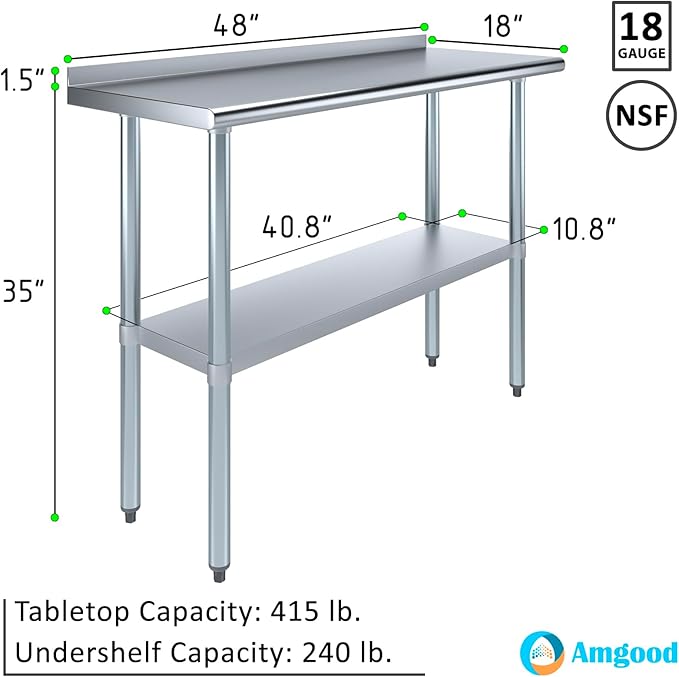 AmGood 48" Long x 18" Deep Stainless Steel Work Table with 1.5" Backsplash | Metal Kitchen Food Prep Table | NSF