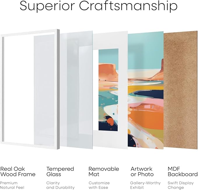 Homeforia 8x8 Picture Frames White, High-End Oak 8 x 8 Square Wood Frame with Mat 6 by 6 Photo, 8x8 Wooden Frames Matted to 6x6 Print, 8by8 Wall or Tabletop Frame, Tempered Glass, Wall Kit, Set of 2