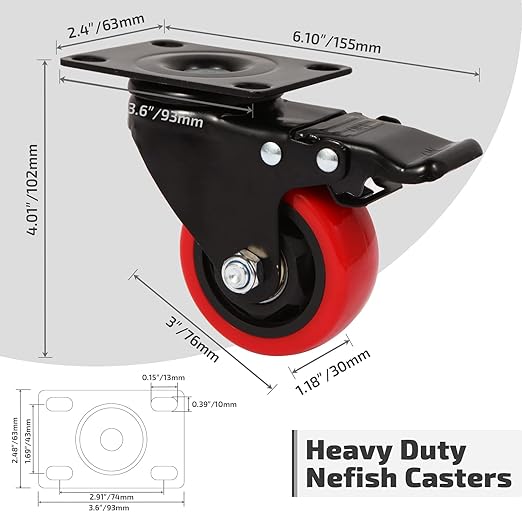 Nefish Casters Wheels Set of 4, 3 Inch Heavy Duty Caster with Brake 1200 Lbs, Safety Dual Locking Plate Castors, Top Swivel Wheels, No Noise Polyurethane for Furniture, Dollies, Trolleys (LJ-PC-3IN)