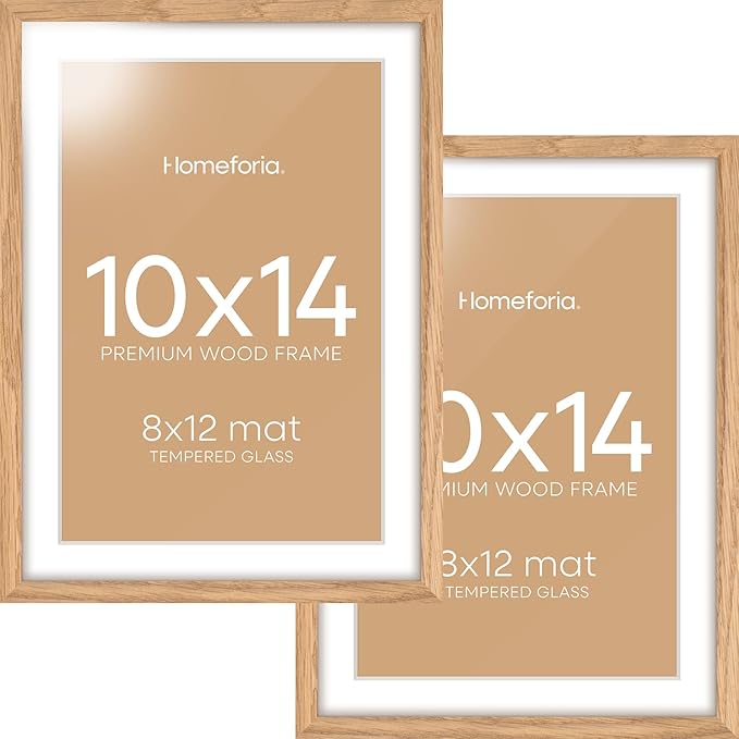 Homeforia 10x14 Picture Frame Wood, High End Natural Oak 10x14 Light Wooden Poster Frames with Mat 8x12, 10 x 14 Frames Matted to 8 x 12 Photo, 14x10 Hanging Frames, Tempered Glass, Wall Kit, Set of 2