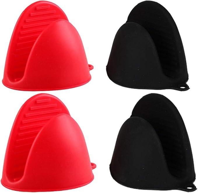 Silicone Cooking Pinch Grips Oven Mitts - Mini Finger Protector Pot Holder for Kitchen,Cooking,Baking,BBQ - Heat Resistant Gloves, 2 Pairs (Black and Red)